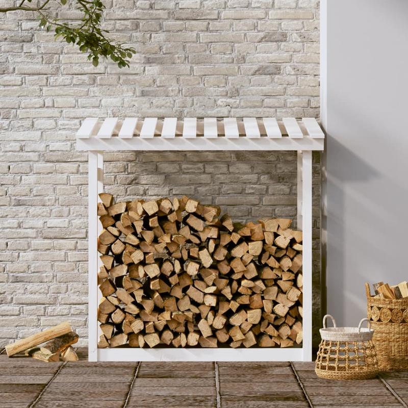 Houtopslag Buiten – Houtrek Buiten – Haardhoutrek – Brandhoutrek – Houtopslag Met Afdekhoes – Massief Dennenhout – Weerbestendig Design – 108x64,5x110 cm – Wit