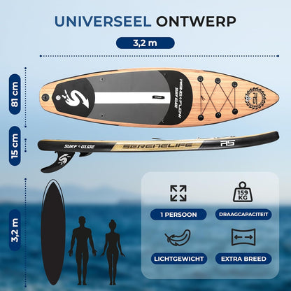 SereneLife Opblaasbaar Stand-Up Paddleboard - Antislip SUP Paddle Board met Peddel, Pomp, Leash en Accessoires - voor Volwassenen en Jeugd - QUORE