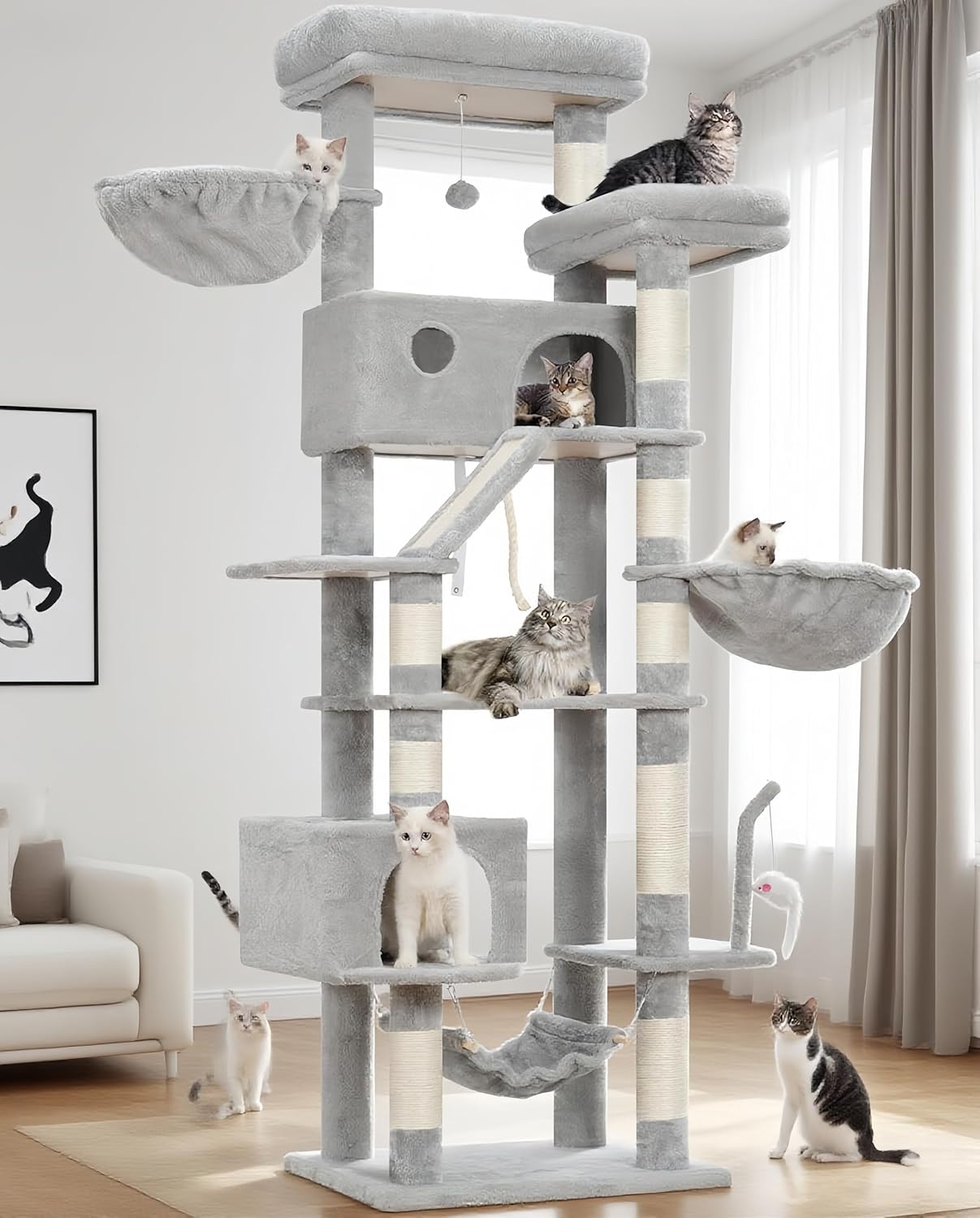 Krabpaal groot, kattenboom grote katten stabiel voor binnen, 200 cm kattenkrabpaal met ruime platforms, kattenholen, hangmat, sisalzuilen, lichtgrijs GCT031W
