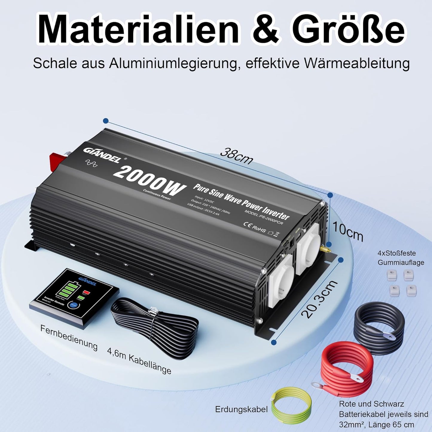 GIANDEL 2000 W omvormer, 12 V naar 230 V, zuivere sinus, auto-spanningsomvormer, compatibel met LifePO4 Power Inverter met afstandsbediening en USB-aansluitingen, voor camper, vrachtwagen, auto,
