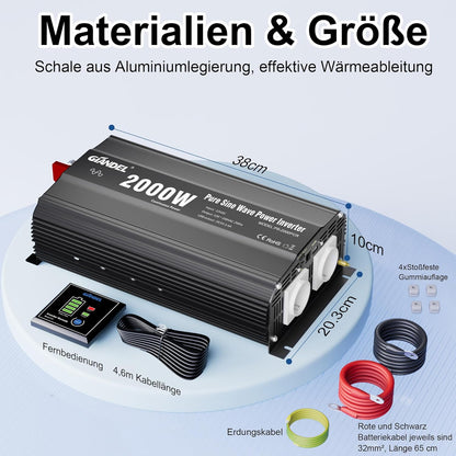 GIANDEL 2000 W omvormer, 12 V naar 230 V, zuivere sinus, auto-spanningsomvormer, compatibel met LifePO4 Power Inverter met afstandsbediening en USB-aansluitingen, voor camper, vrachtwagen, auto,