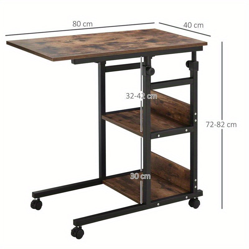 Side Table with Wheels, Adjustable Height, Compact, 2 Shelves, Metal Frame, 80X40X72-82 Cm, /Black, Living Room Table, Console Table, Suitable for Living Room, Dining Room, Bedroom, Foyer, Reception Area, Office, Balcony. Per