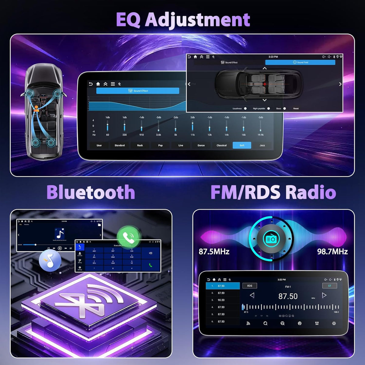 2 Din 4G + 128G autoradio 12,3 inch 1280P stereo radio met Android 15 systeem, A-pple Carplay Android Auto GPS Bluetooth 5.0 WiFi FM/RDS 2USB inclusief AHD-camera voor achteruitrijcamera
