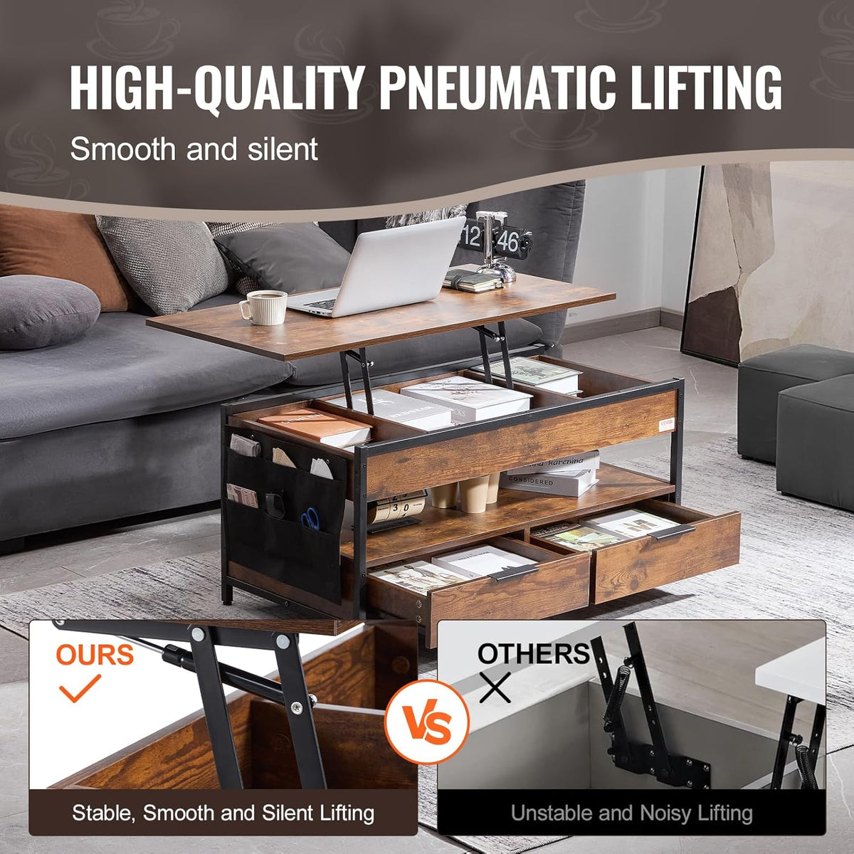 Koffietafel - Table - Coffe table - Living Room Table - Lift Top salontafel - tafel met extra opbergruimte - omklapbare salontafel voor de woonkamer - 39.4in - Bruin - 65.81lbs