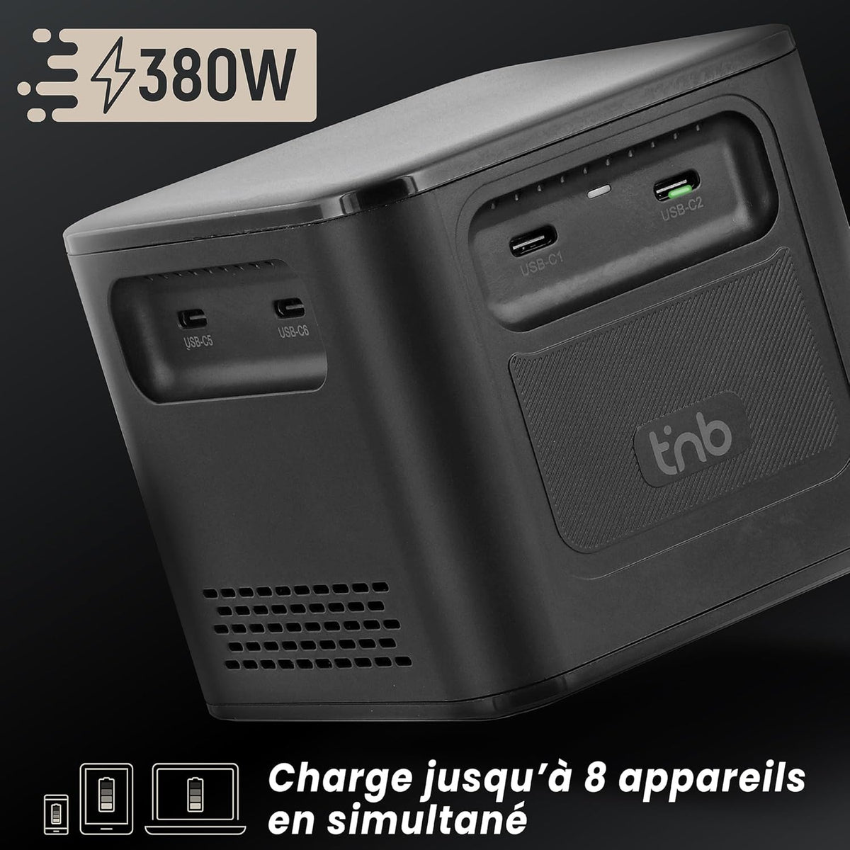 T'nB - Oplaadstation met 8 oplaadpoorten, PD 3.1-technologie, 380W, 6 USB-C-poorten en 2 USB-A-poorten, compact formaat - zwart