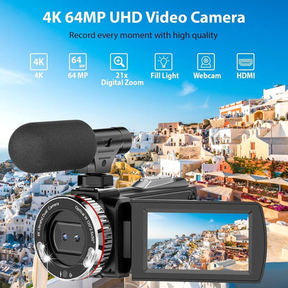 Videocamera 4K – Camcorder – Vlogcamera – Vloggingcamera – YouTube Camera – 64 GB Kaart – 3,0 Inch 270° Draaibaar Scherm