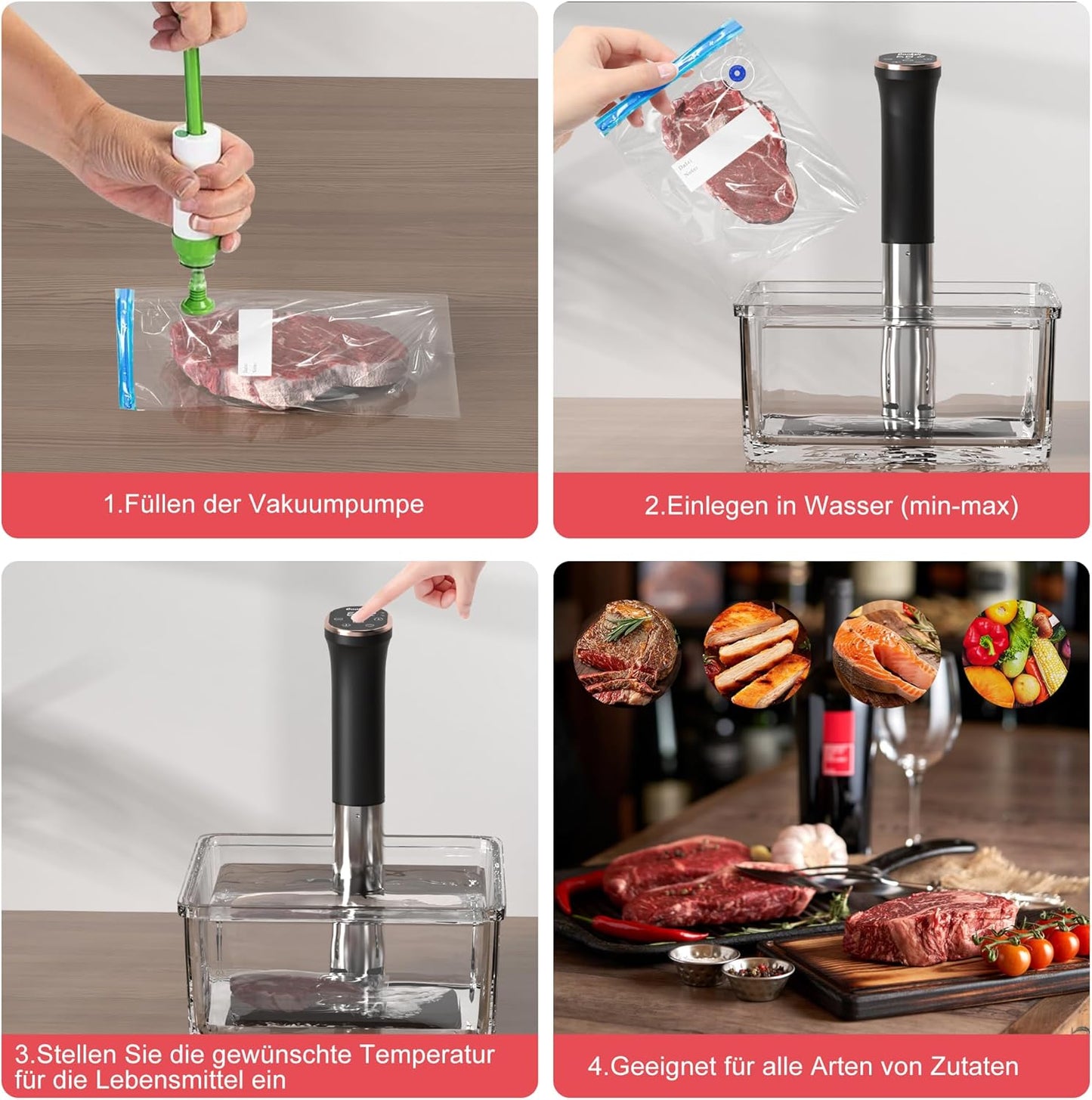 Sous Vide Garer Stick, 1400 W, sous-vide 35 cm met roestvrijstalen behuizing, wifi en touch-bediening met led, vacuümzak met pomp, kookboek