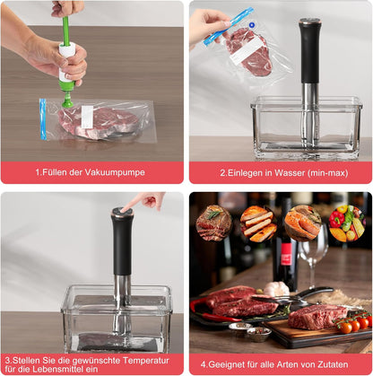 Sous Vide Garer Stick, 1400 W, sous-vide 35 cm met roestvrijstalen behuizing, wifi en touch-bediening met led, vacuümzak met pomp, kookboek