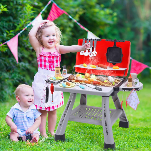 BBQ Speelgoed - Kinderbarbecue - Keuken Speelgoed - Realistische BBQ Grill - met Rook - Keukenaccessoires - Barbecue - voor Kinderen - 44 x 33.5 x 18.5 cm - Rood/Grijs