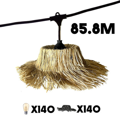Lichtsnoer voor buiten, aansluitbaar, 85,8 m, met 140 ledlampen, E27, warmwit, TAHITI LIGHT, lampenkap van bohemien stro