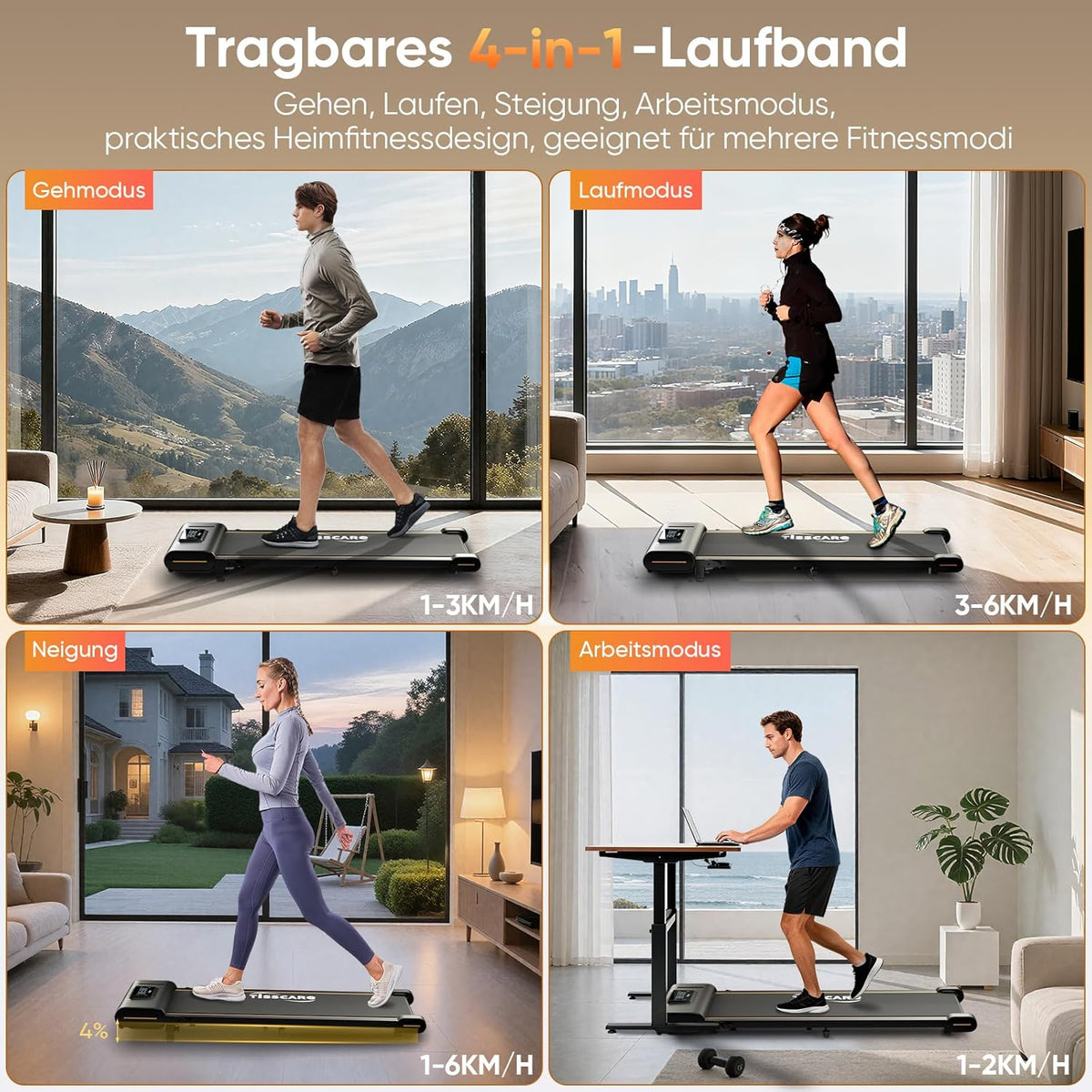 TISSCARE Treadmill for Home and Office, Silent Walking Path with Improved Tread 141.5cm and 55.5cm, 4% Incline Function, 1-6km/h, LED Display, 130kg Load Capacity, Under Desk Treadmill - QUORE