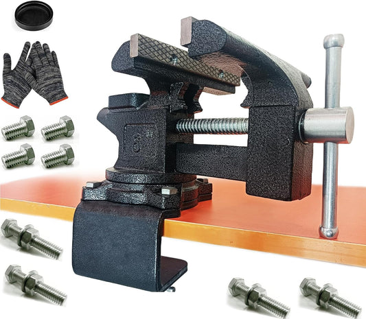 MYTEC 2-in-1 bankschroef Heavy Duty voor werkbank, verbeterde multifunctionele tafelbankschroef, universeel draaibaar, 270° werkklembevestiging, 15 cm, zwart
