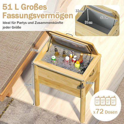 FANTASK Terrassenkoeler, hout, 51 l, rustieke eistrui met 3 handgrepen, flesopener en afvoersluiting, outdoor-terrassenkoeler voor BBQ, cookouts, tuin, terras, zwembad, feest, 67 x 47 x 74 cm
