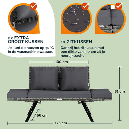 CASARIA® 2-in-1 Polyrattan Garden Bench & Lounger Incl. Cushions Adjustable Armrests Loungesofa Sun lounger Grey - QUORE
