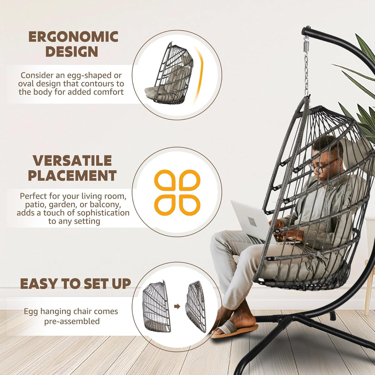 Chihee Opvouwbare rieten rotan hangstoel schommel - binnen/buiten terras rieten hangmat met roestvrij staal opknoping kit ketting link UV-bestendig kussen