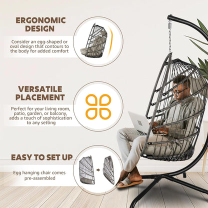 Chihee Opvouwbare rieten rotan hangstoel schommel - binnen/buiten terras rieten hangmat met roestvrij staal opknoping kit ketting link UV-bestendig kussen
