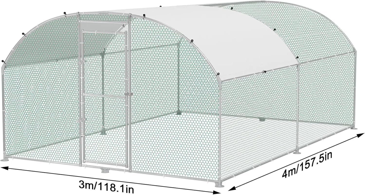 Chicken Coop, Metal Enclosure, Poultry House, Small Animals, Galvanized Steel Frame with PE Roof, Arch Mount, 3 x 4 m - QUORE