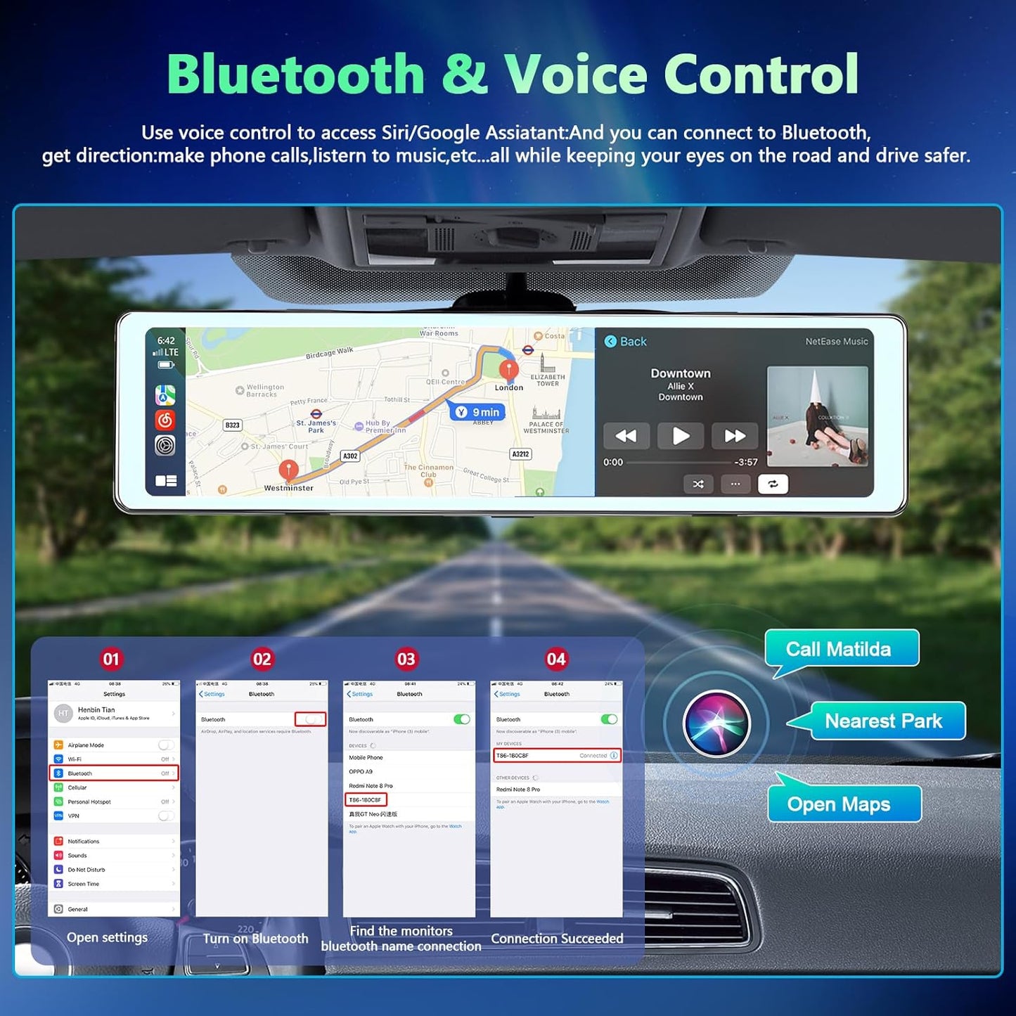 Podofo Draadloze Apple Carplay Android autospiegel, dashcam met HD achteruitrijcamera, 11,26 inch IPS-touchscherm, dual 1080p achteruitkijkspiegel, 2 gedeelde beeldschermen