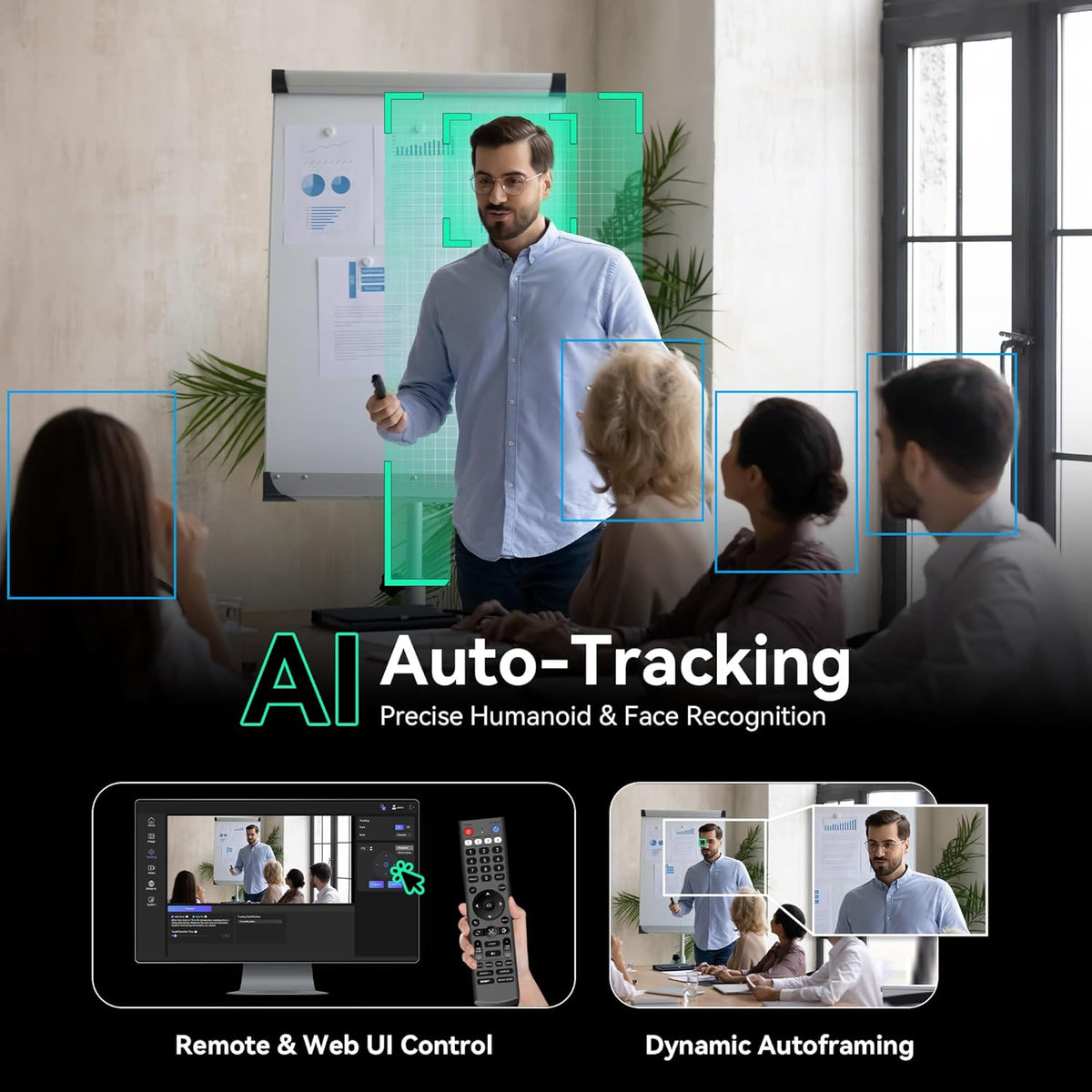 TEVO-VX20A-N-EU Tenveo NDI PTZ-camera met KI- menselijk & gezichtsauto-tracking, 20x optische zoom, 3G-SDI/HDMI/USB3.0/LAN(PoE) live streaming met Tally-licht & IP-display, voor live streaming