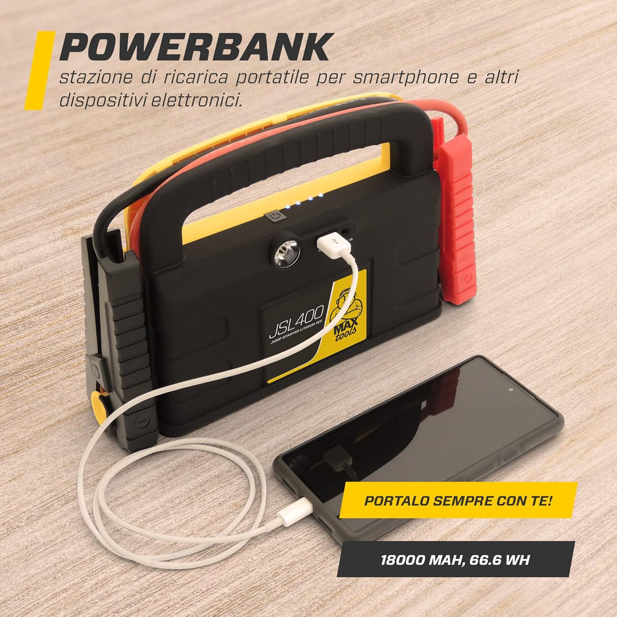 MAXTOOLS JSL400 Professionele acculader, jumpstarter, 2400 A, lithium, voor grote diesel- en benzineauto's van 12 V, krachtige en veilige 12V-booster, accubank met usb