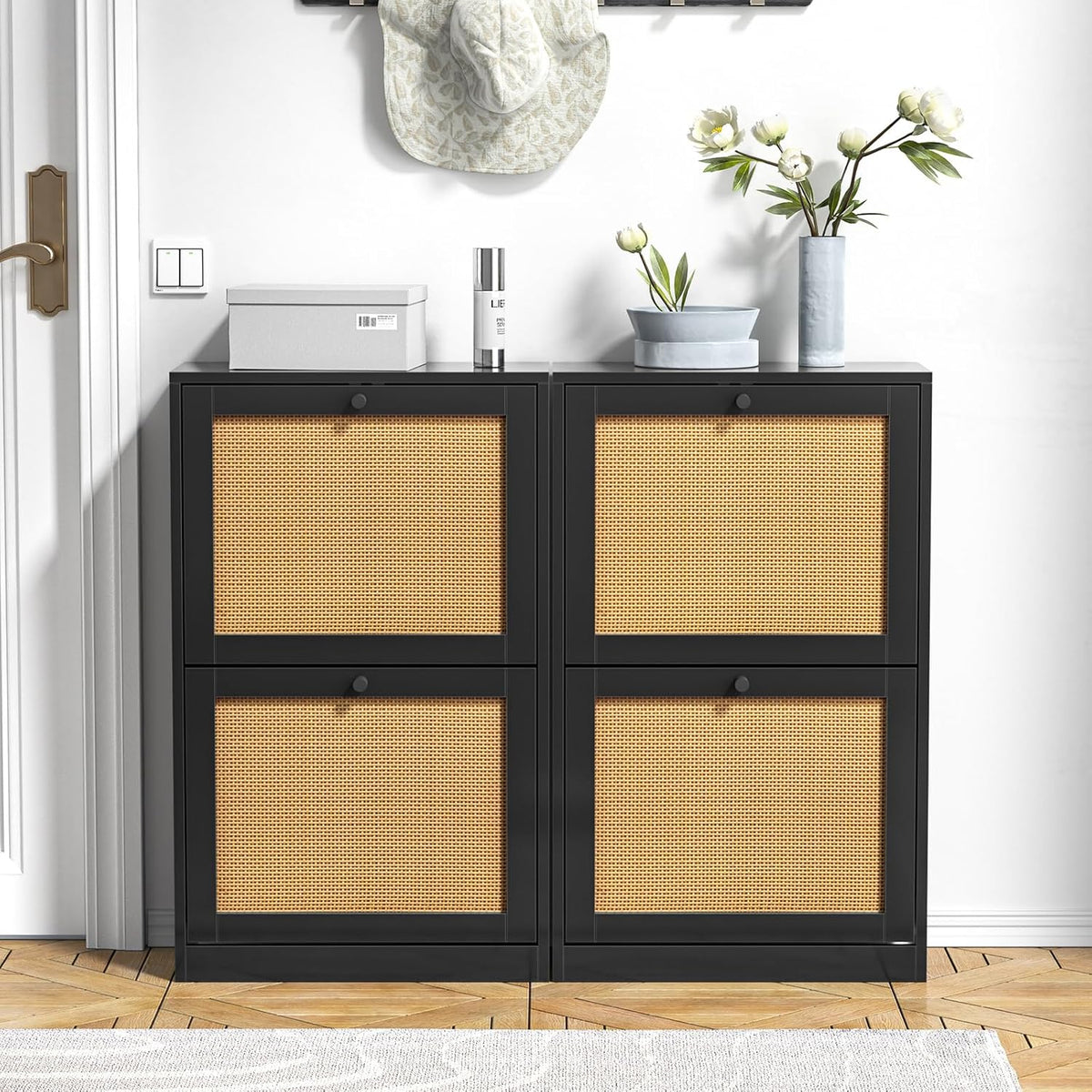 Schoenenkast – Schoenenrek – Schoenopbergkast – Schoenendisplay – Smalle Schoenenkast – Natuurlijk Rattan – Verstelbare Planken – Compact 51x23x84 cm – Wit