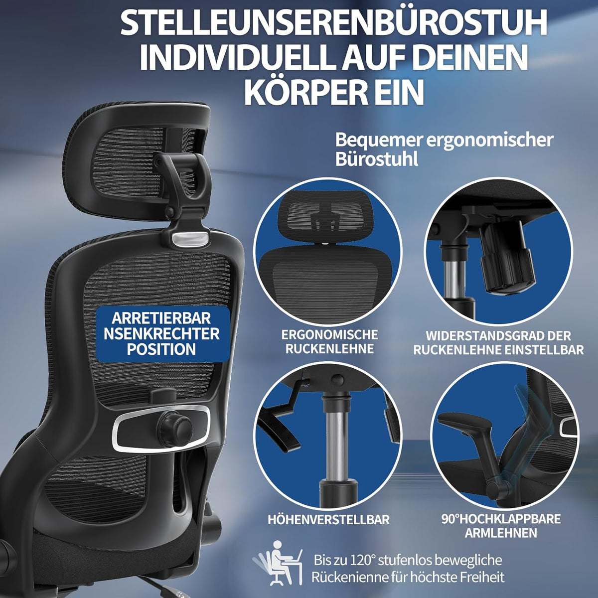 TRALT Bureaustoel, ergonomisch, gamingstoel met verstelbare hoofdsteun, lendensteun, bureaustoel, computerstoel voor grote mensen, mesh-stoel, 150 kg, zwart