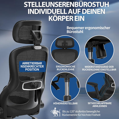 TRALT Bureaustoel, ergonomisch, gamingstoel met verstelbare hoofdsteun, lendensteun, bureaustoel, computerstoel voor grote mensen, mesh-stoel, 150 kg, zwart