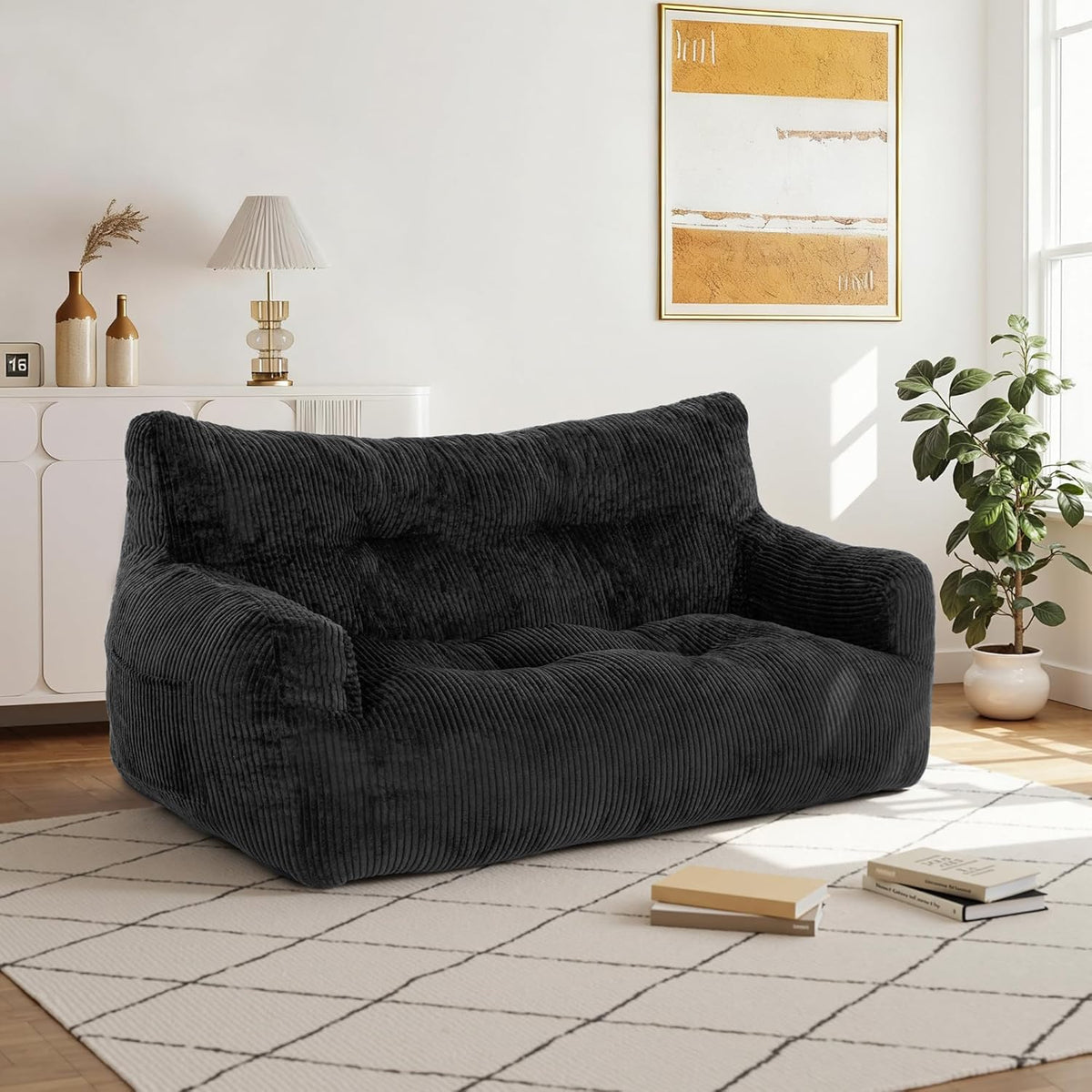 Pamapic Zitzak, zitzak voor volwassenen met vulling, dubbele loungestoel met draagbare handgreep, moderne ergonomische beanbag, indoor zitzak, stoel voor woonkamer, slaapkamer, speelkamer, zwart