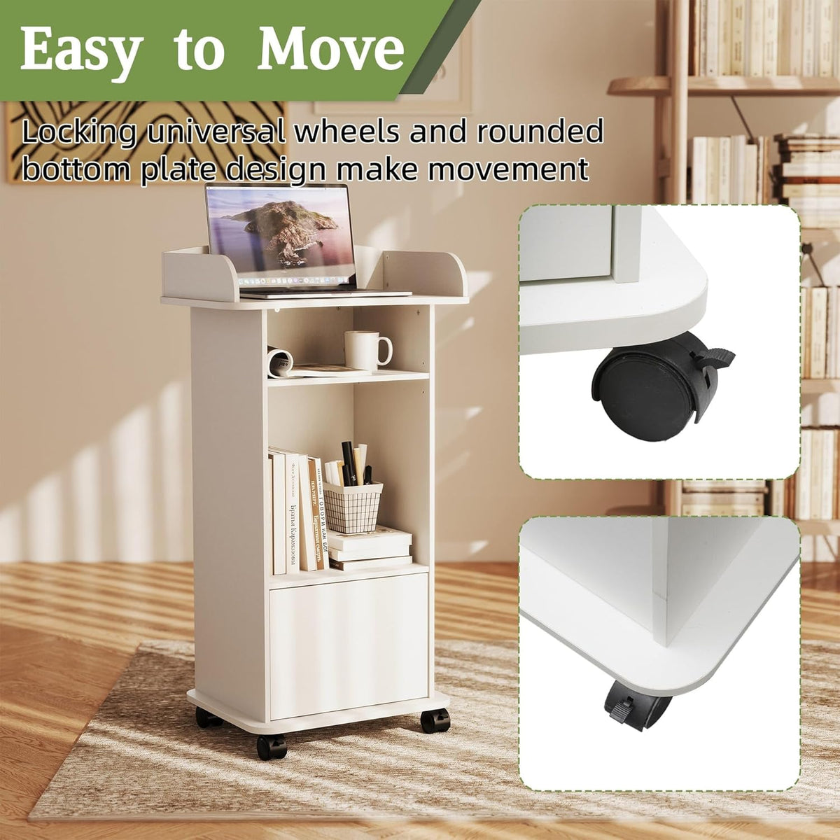 Houten Podium Witte Lessenaar met Opslag Plank Podium Stand met Kast Mobiele Lessenaar Stand met Wielen Preekstoel Stand