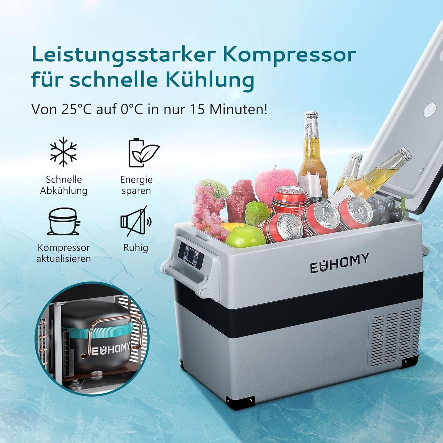 EUHOMY Compressor-koelbox, 12 V, 45 liter, autocompressor met app-gestuurd, 12 V/240 V koelkast -20 °C tot 20 °C, draagbare koelkast voor camping, reizen, vrachtwagens