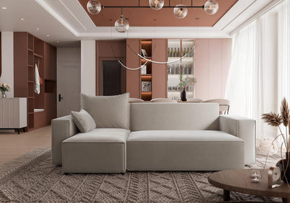 Corner sofa with sleeping function Tobi 246x145 cm - Sofa with bed drawer - corner sofa - L-shape - sofa bed - sofa bed with drawer - universal (Velo 623 Cappuccino) - QUORE