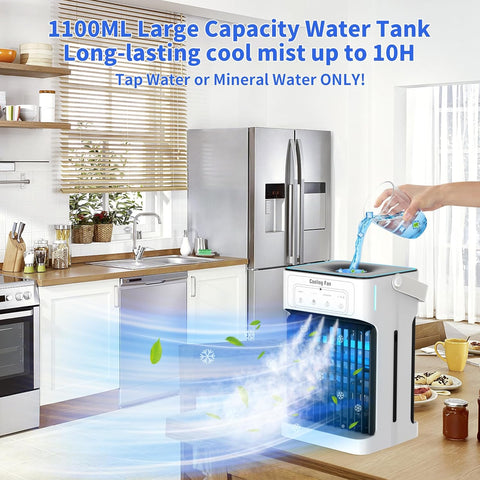 Mobiele Airco - Draagbare Airconditioning - Mini-Airconditioning - 1100ml - met Waterkoeling - 3 Luchtsnelheden - 3 Koelnevel - 2-8 uur Timer - 7 LEDS - voor Kamers - 17 x 15 x 27 cm - Wit/ Zwart