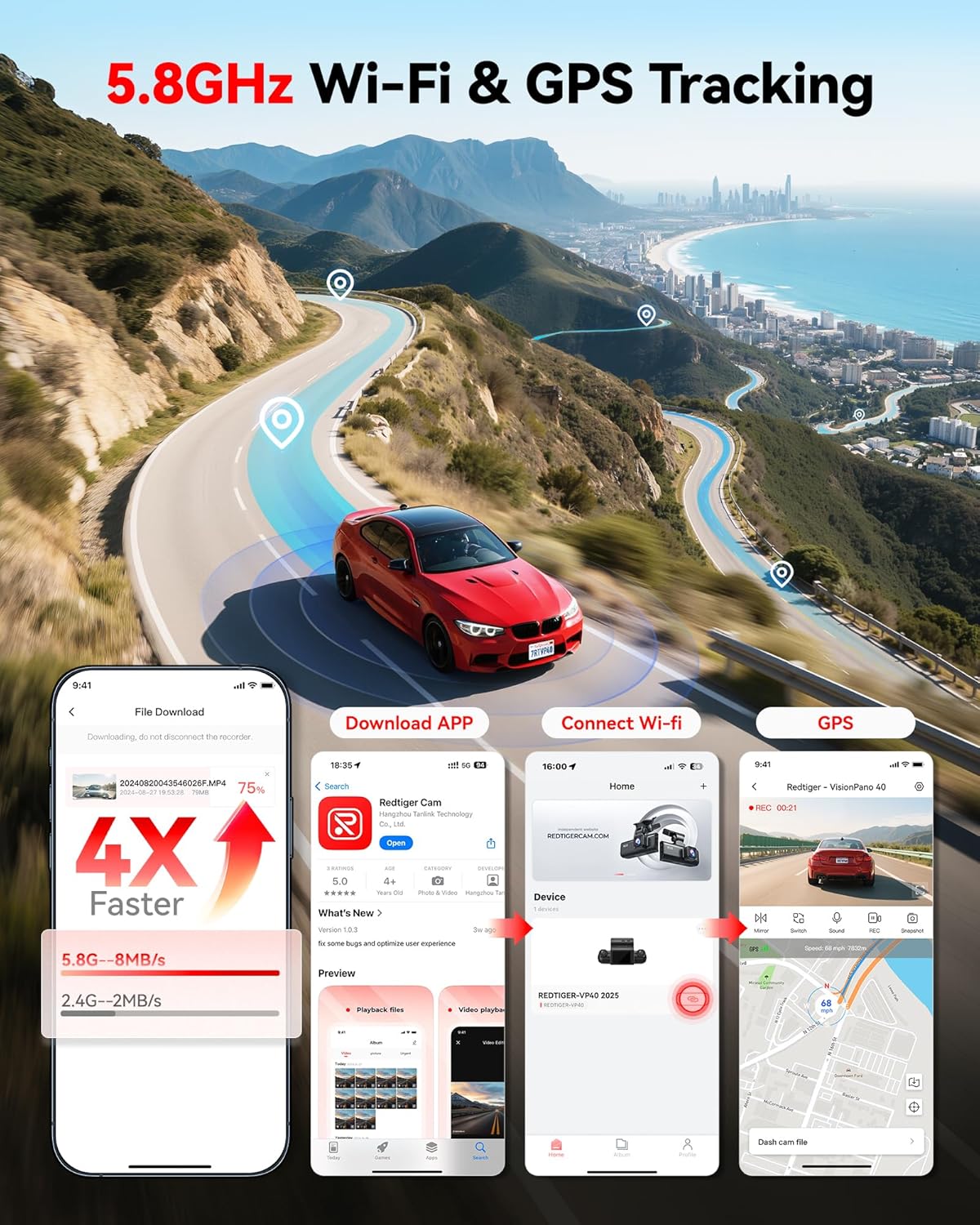 4-Kanaals 360° Dashcam – Autocamera – Rijcamera – Voertuigcamera – Panorama Dashcam – 2,5K Voor En Achter + 1080p Zijkanten – 5,8 GHz Wifi, Infrarood Nachtzicht & 128 GB Kaart