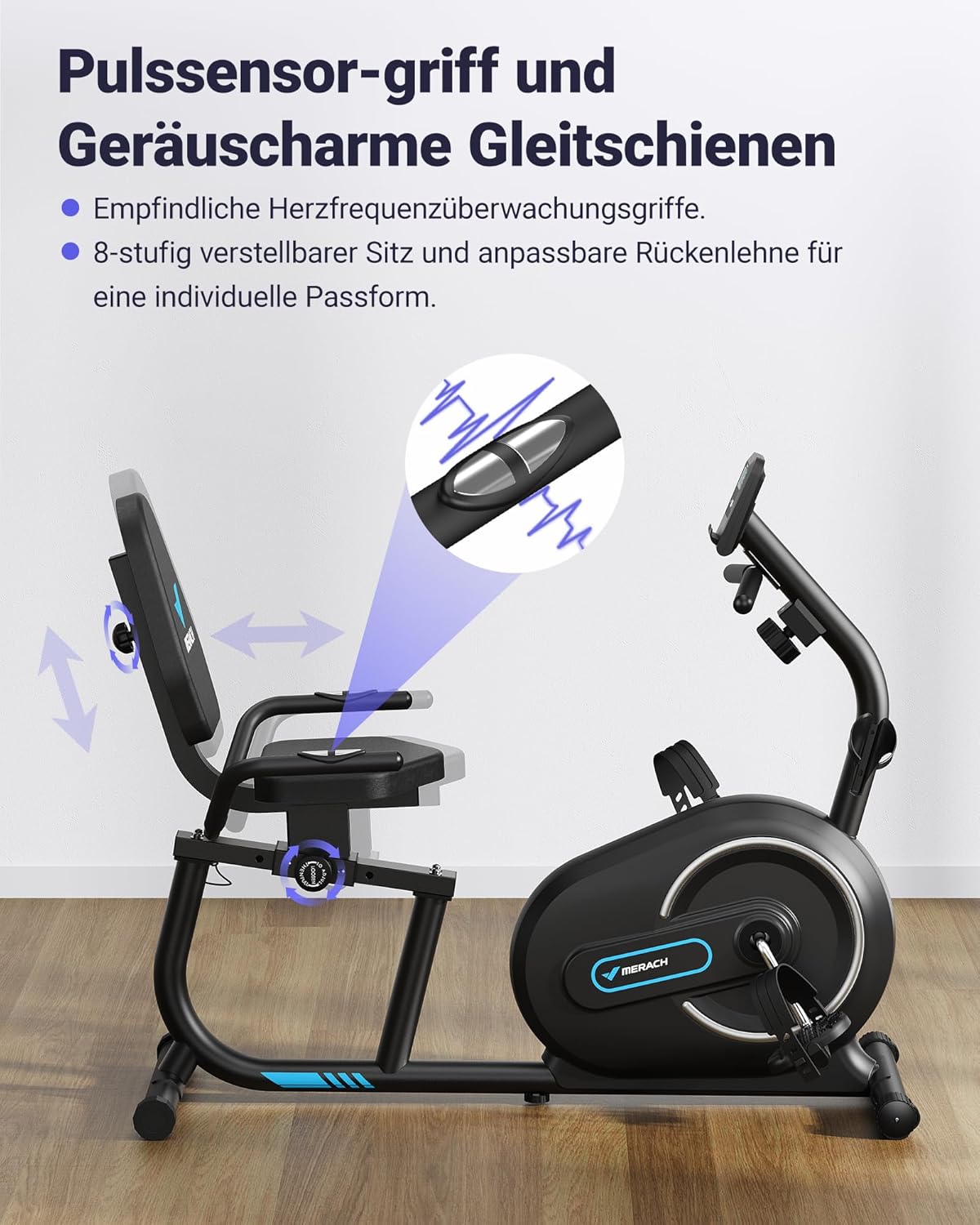 MERACH Ligergometer voor thuis met 8 verstelbare weerstandsniveaus, smart bluetooth, exclusieve app-connectiviteit, lcd-display, hartslagsensoren en verstelbare rugleuning
