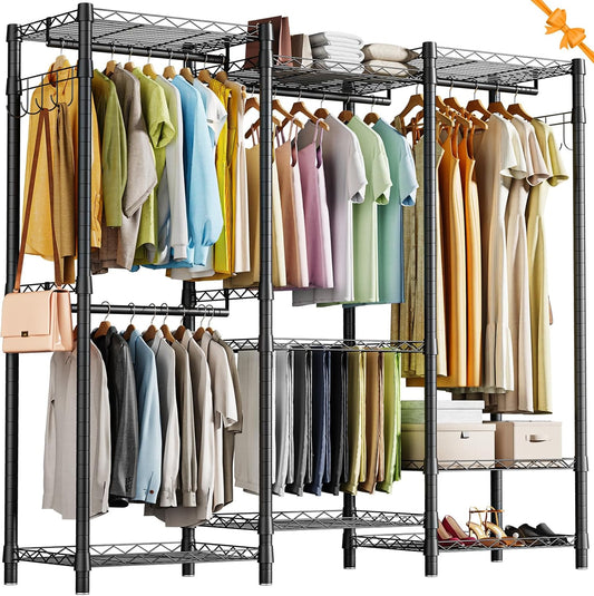 AQRA Kledingrek, Open Garderobe met 3 Kledingstokken en Zijhaakjes, Zwaar Metaal Kledingrek met Instelbare Planken, Max Lading 181KG, 172 * 38 * 194CM, Eenvoudige Montage, Zwart.