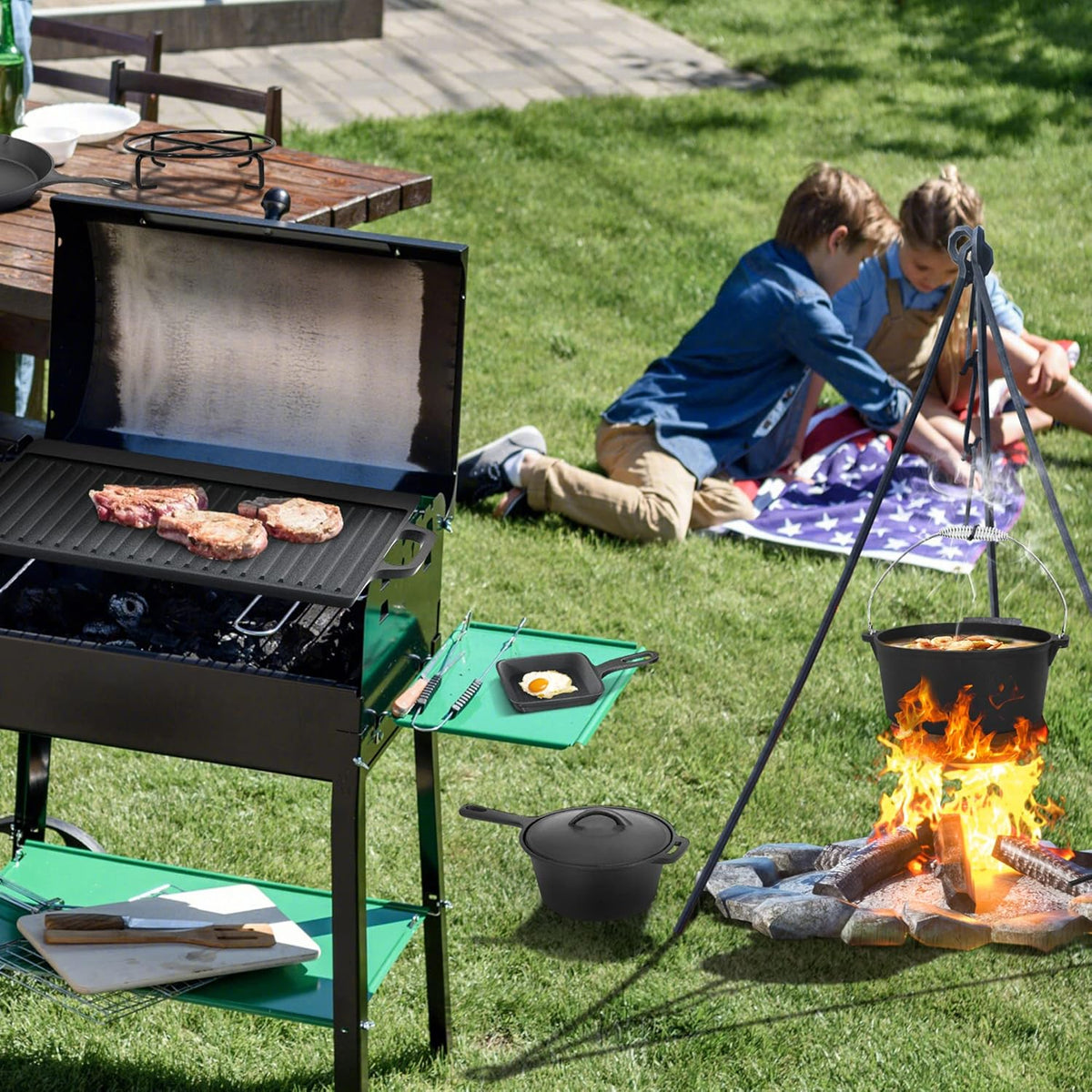 8 Piece Pre-Seasoned Dutch Oven Cooking Set Cast Iron Camping Kitchen Cookware Bakeware Frying Pans & Square Grill Pan w/ Vintage Carry Wooden Box for Ourdoor Home BBQ Baking - QUORE