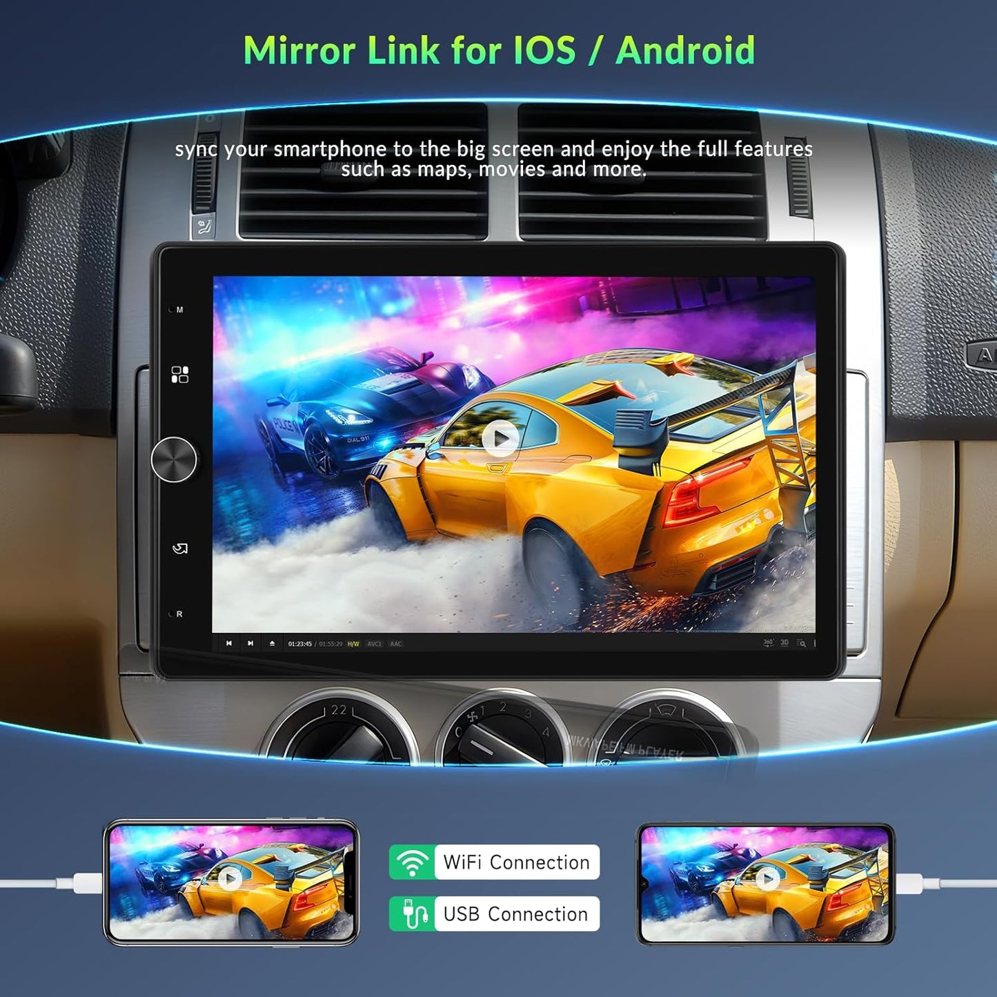 Autoradio 1 Din met draadloze Carplay Android auto, 10,4 inch touch draaibaar scherm autoradio Bluetooth, FM-radio, schakelspiegels, 2 USB, achteruitrijcamera