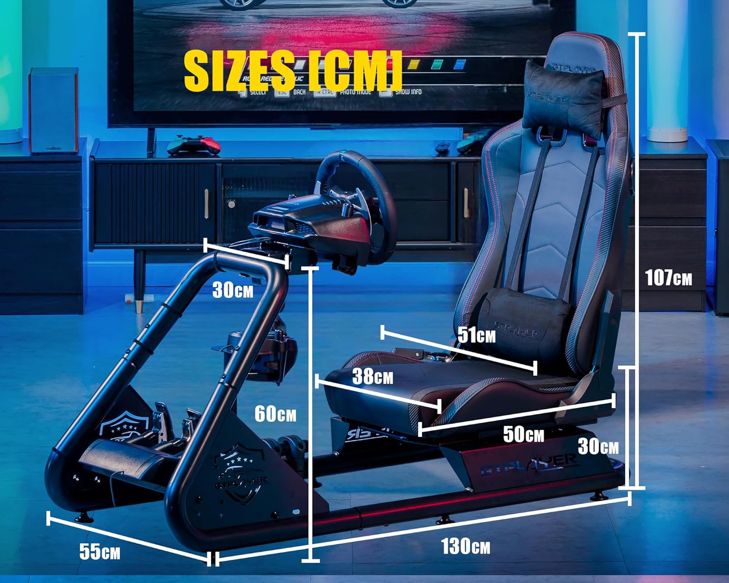 GTPLAYER Simulator Cockpit, SIM Racing Cockpit, racing simulator steering wheel stand with speakers, steering wheel and pedal rest - QUORE