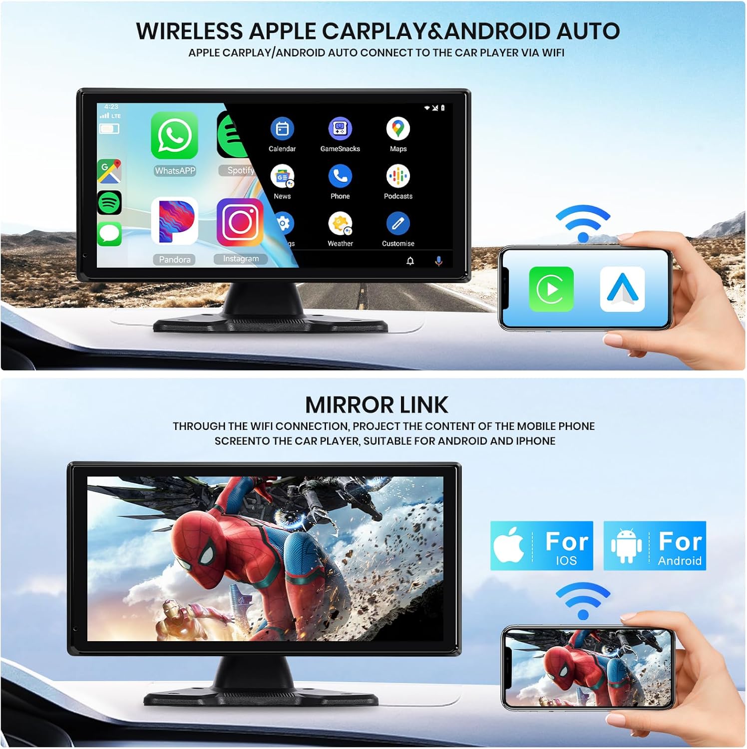 Hodozzy 4k Rear View Camera Set With 4 Ahd Rear Camera Cable, Wireless Carplay Android Auto, 10.36 Inch Touch Screen 4 Split Monitor, Bluetooth, Airplay FM Loop Recording USB/TF, Carplay Screen - QUORE