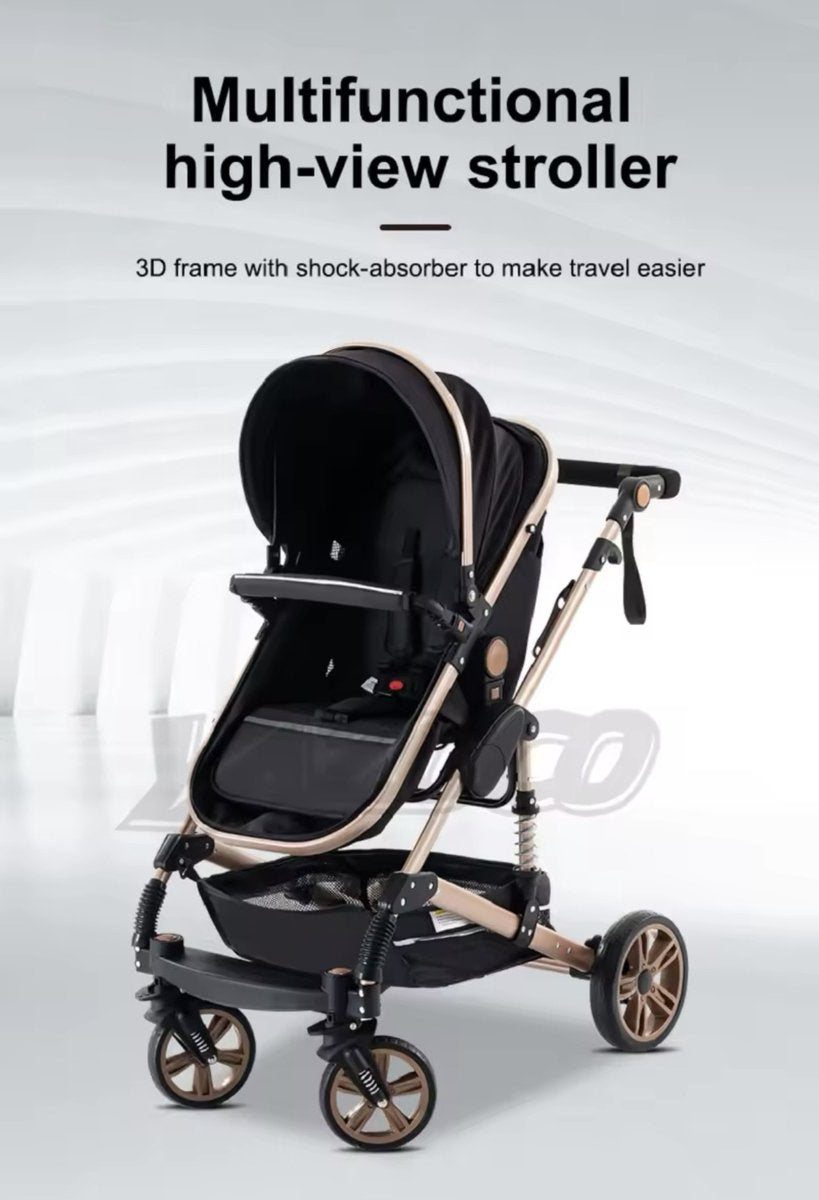 Multifunctionele 3-in-1 Combi Wandelwagen - Opvouwbare Wandelwagen - Autostoel - Inclusief Mamatas - Zwart Goud