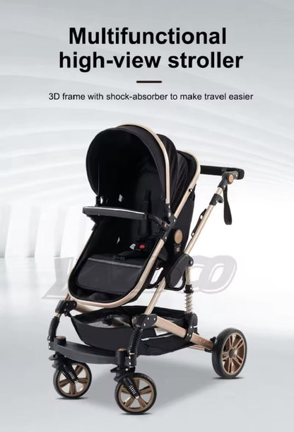 Multifunctionele 3-in-1 Combi Wandelwagen - Opvouwbare Wandelwagen - Autostoel - Inclusief Mamatas - Zwart Goud