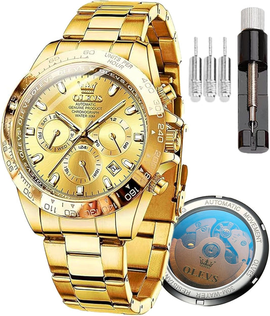 OLEVS Automatische herenhorlogemachine, timing, bezel mechanisch horloge, waterdicht en lichtgevend kalenderweek, roestvrijstalen precisieband