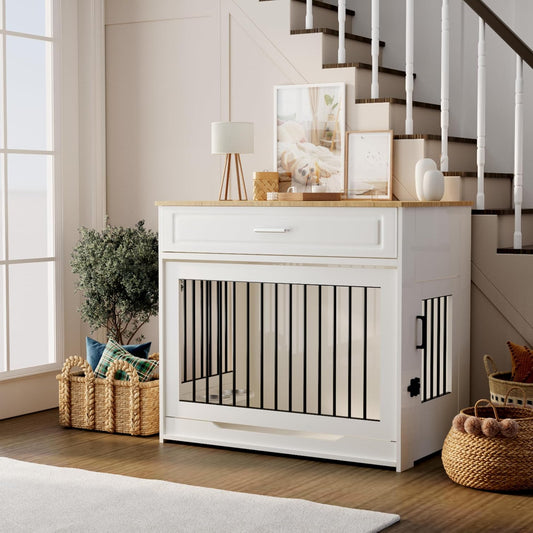 Hondenbench – Hondenkooi – Hondenkennel – Huisdierbench – Hondenkooi Meubel – Multifunctionele Schuifdeuren – 360° Draaibare Voederbakken – Witte Houten Afwerking – Opberglade
