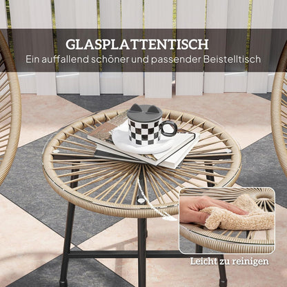 Outsunny Polyrattan Gartenmöbel Set, Outdoor Lounge Balcony for 2 Persons, 3-teilig Sitzgruppe mit 2 Stühle, Tisch, wetterfest Gartenlounge für Garten, Terrasse Balcony, Naturholz - QUORE