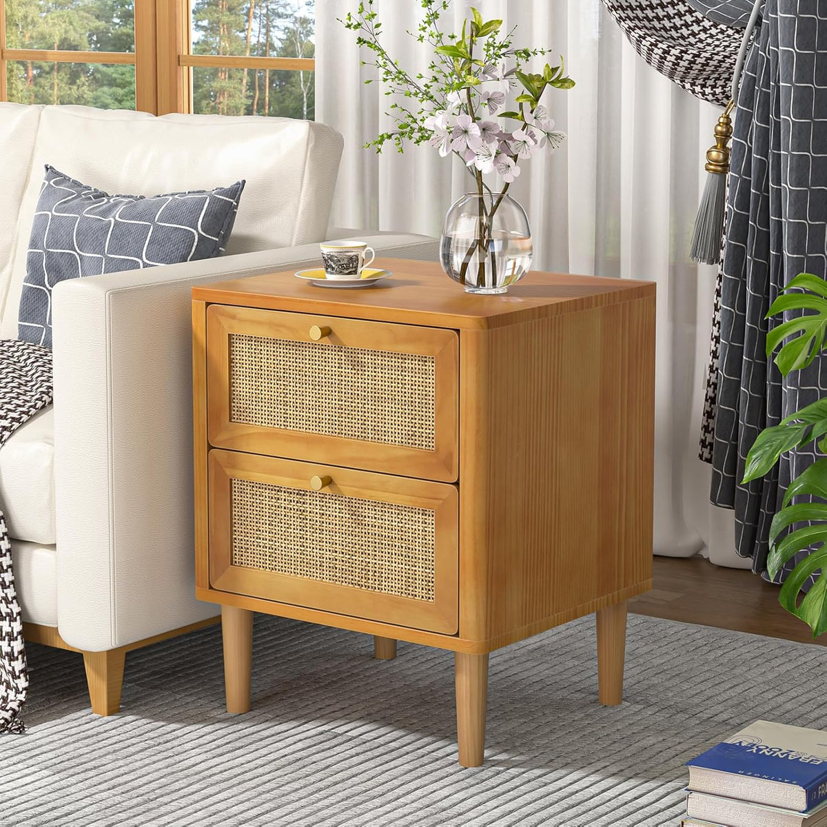 Nachtkastje Rattan – Bedside Table – Ladekastje – Bijzettafel – Slaapkamerkastje – 2 Lades – Massief Houten Pootjes – Compact 45x40x55,5 cm