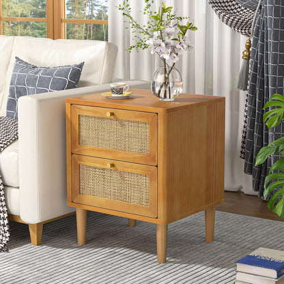 Nachtkastje Rattan – Bedside Table – Ladekastje – Bijzettafel – Slaapkamerkastje – 2 Lades – Massief Houten Pootjes – Compact 45x40x55,5 cm