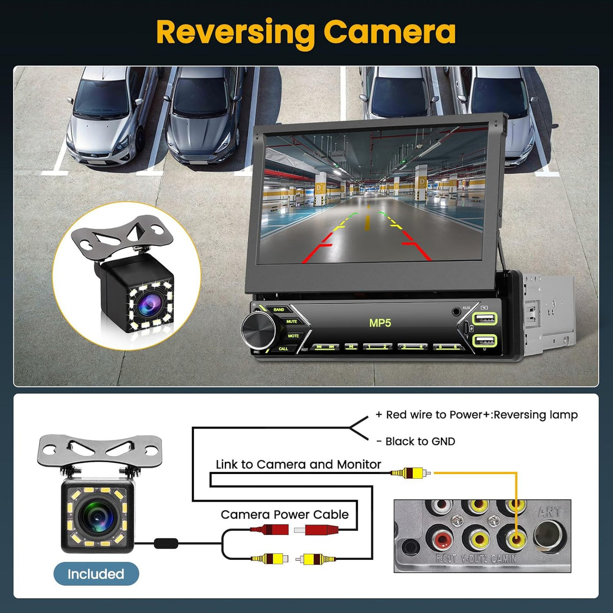 Hikity 1 Din autoradio met 7 inch flip-out gemotoriseerd touchscreen autoradio met Bluetooth radio achteruitrijcamera Mirror Link USB AUX MIC