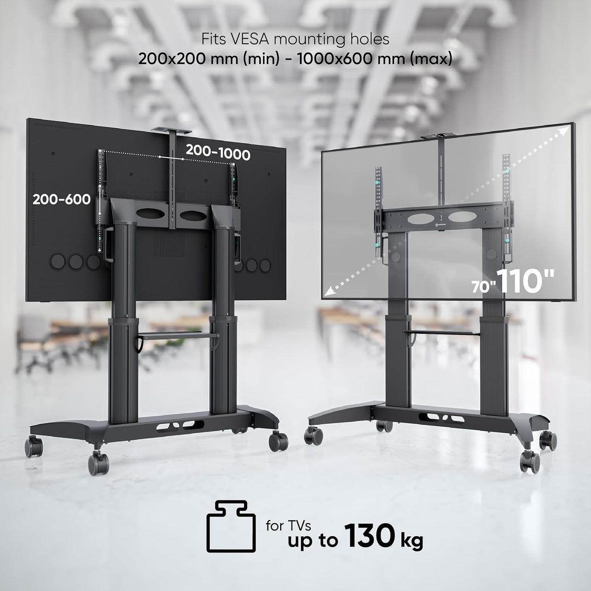 Verrijdbare TV-standaard – TV-wagen, TV-voet, vloerstandaard, tv-stand met wielen – Zwart – Voor 70-110 inch tv's – Draagvermogen tot 130 kg