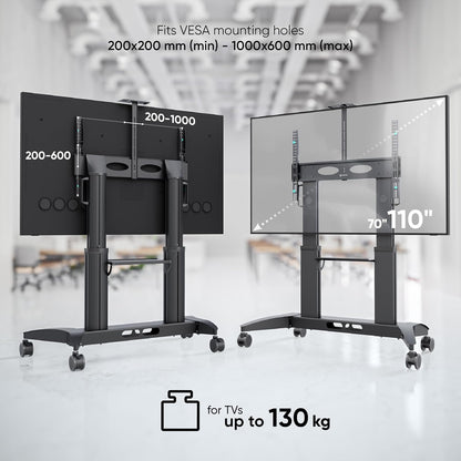 Verrijdbare TV-standaard – TV-wagen, TV-voet, vloerstandaard, tv-stand met wielen – Zwart – Voor 70-110 inch tv's – Draagvermogen tot 130 kg