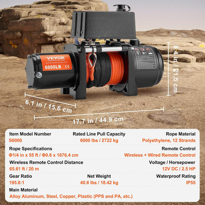 VEVOR Electric Winch, 6000 Lbs Truck Trailer Winch, 12V DC 1/4" x 55ft Synthetic Rope Aluminum Fairlead Wireless&Wired Remote Control, IP55 Waterproof Tow for Off Road SUV ATV UTV